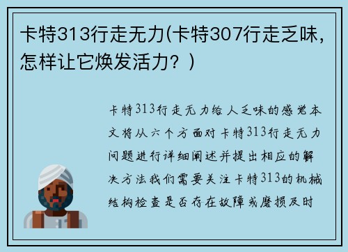 卡特313行走无力(卡特307行走乏味,怎样让它焕发活力?) 卡特313行走无力(卡特307行走乏味,怎样让它焕发活力?)